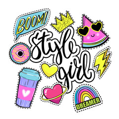 Aufkleber - Abstract drawing for t-shirts. Background with words Style girl, cool patches, stickers. Design for teen girls. Fashion illustration in modern style for girlish print