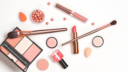 beauty cosmetics makeup product flying in air cutout minimal. woman make up collection falling on wh