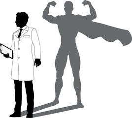 Wall Mural - A superhero male scientist, engineer, doctor or teacher in a lab white coat man. Revealed by his shadow silhouette as a super hero in a cape.