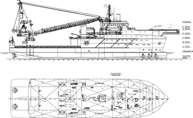 Wall Mural - Vector sketch illustration of a rescue ship at sea with detailed goods interior