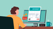 Woman using credit card for internet online bill payment on desktop computer screen, vector flat illustration