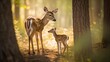  a young deer standing next to an adult deer in a forest.  generative ai