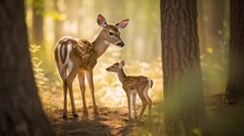  A Young Deer Standing Next To An Adult Deer In A Forest.  Generative Ai