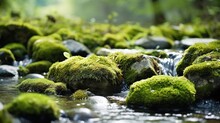  A Stream Of Water Surrounded By Moss Covered Rocks And Rocks.  Generative Ai
