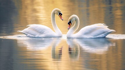  two swans are swimming in the water making a heart shape.  generative ai