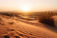 Generative IA Illustration Of Desert Dune Landscape At Sunset Against Mountains Under Blue Sky