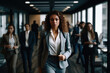 © ADDICTIVE STOCK - Generative AI illustration of serious african american businesswoman with curly hair in elegant suit while standing in office against blurred people