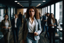 Generative AI Illustration Of Serious African American Businesswoman With Curly Hair In Elegant Suit While Standing In Office Against Blurred People