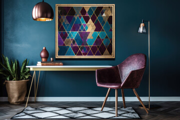 Wall Mural - room interior in cold marine tones and the image of a geometric abstract pattern generative ai