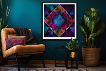 Wall Mural - room interior in cold marine tones and the image of a geometric abstract pattern generative ai