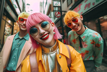 Generative AI Illustration Of Cheerful Group Of Friends In Dyed Hair And Colorful Jacket With Sunglasses Standing Together Against City Background