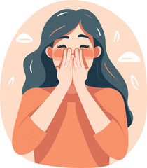 Wall Mural - A woman receiving a compliment or surprise, blushing and covering her face with hands