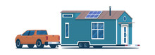 Pickup Truck Towing A Tiny House On A Wheeled Chassis Isolated. Vector Illustration.
