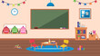 kindergarten classroom scene vector illustration.Welcome back to school concept.Flat Class Room Interior Board