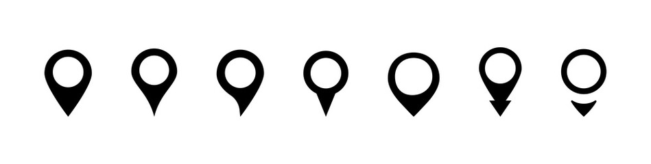 Pin location, pointer icon. Location collection black pins. Location pointer icon. 