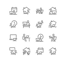 Set Of Work Place Related Icons, Working, Remote Work, Video Conference, Coworkin, Freelancer, Home Office And Linear Variety Vectors.