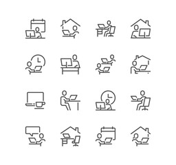 set of work place related icons, working, remote work, video conference, coworkin, freelancer, home 