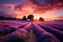 Stunning Landscape With Lavender Field At Sunset.Image Ai Generate