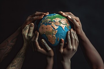 conceptual peace symbol of african black hands making a circle together around the earth globe again