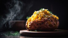  A Baked Potato Covered In Cheese And Herbs On A Plate.  Generative Ai