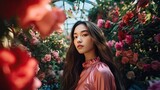Fototapeta  - Dziewczyna w palmiarni z pięknymi różowymi kwiatami AI generated