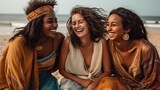 Fototapeta  - Szczęśliwe przyjaciółki na plaży, rożnorodnej rasy. AI generated
