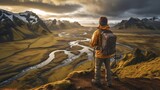 Fototapeta  - Podróżnik, z plecakiem, patrzy, na horyzont, pokrętne koryto rzeki, góry, majestatyczny widok. AI generated