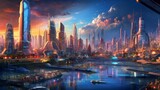 Fototapeta Miasto - Futurystyczne, miasto, drapacze chmur, ilustracja, nad wodą, rzeką,  styl życia, w przyszłości, piękny, dzień, AI generated