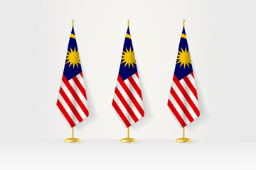 Wall Mural - Three Malaysia flags in a row on a golden stand, illustration of press conference and other meetings.