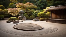  A Japanese Garden With Rocks And Trees In The Middle Of It.  Generative Ai