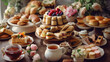 Exquisite High Tea Spread, Tea Time Delights, an elegant high tea spread with delicate tea sandwiches, scones with clotted cream and jam, and an assortment of pastries,Vintage teacups. Generative AI