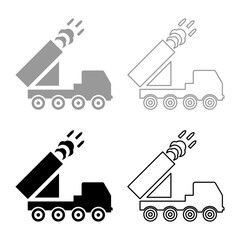 Poster - Multiple launch volley reactive rocket system fire shoots missiles set icon grey black color vector illustration image solid fill outline contour line thin flat style