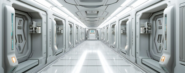 space station, spacecraft or futuristic lab science fiction style corridor or room. clean white wall