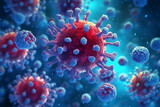 Fototapeta  - Close up macro details of flying red blue microbes molecules virus bacteria. Coronavirus outbreak COVID-19