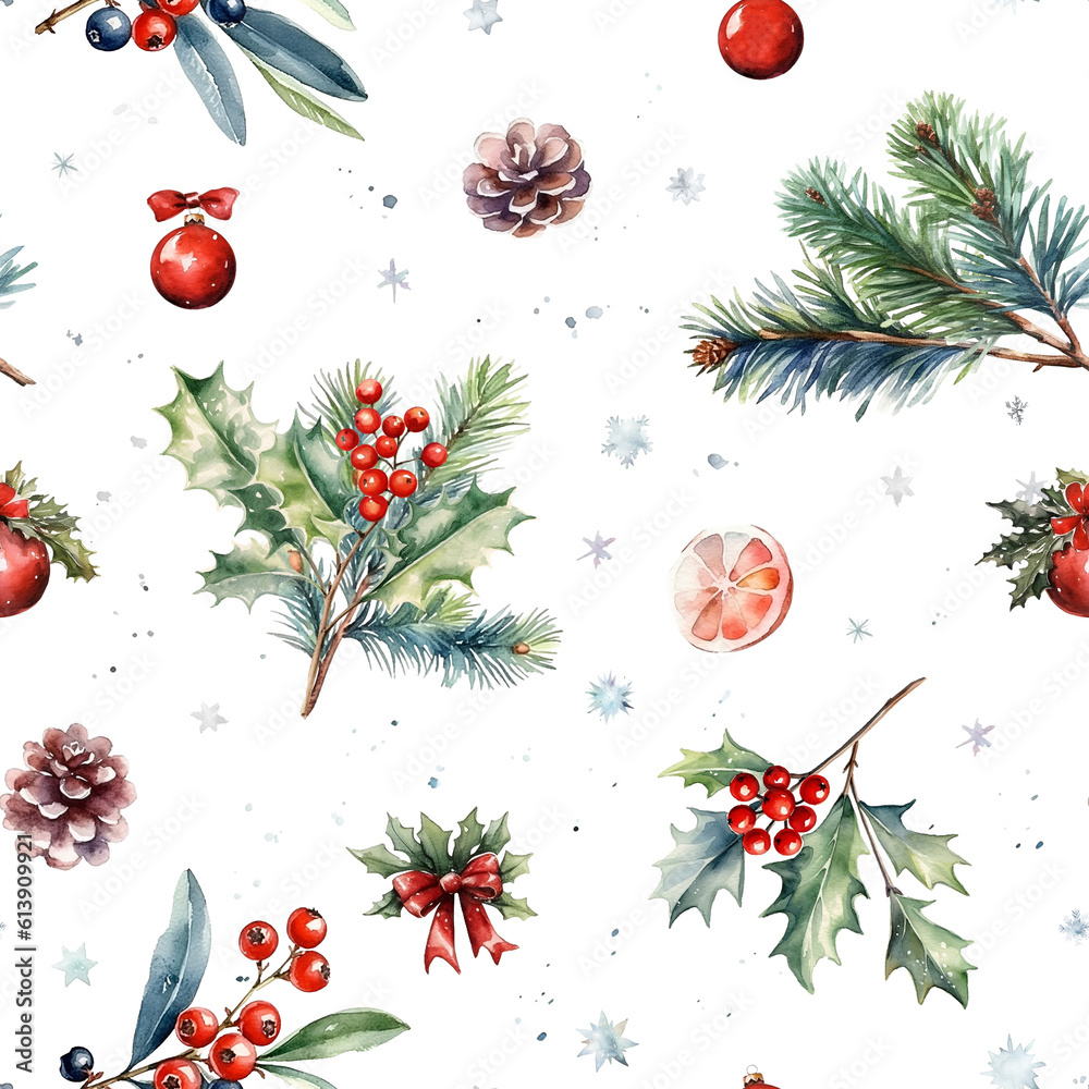 Watercolor seamless pattern with holly berry, spruce branch, cones ...