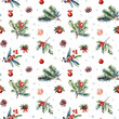 Watercolor seamless pattern with holly berry, spruce branch, cones, christmas ball and snowflakes isolated on white background. 
