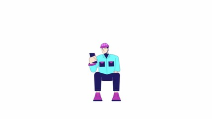 Aufkleber - scrolling phone animation. animated isolated 2d asian young man with smartphone. cartoon colour flat