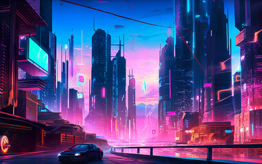 Wall Mural - Illustration of a futuristic city at night with evening traffic and evening lights atmosphere. Sci-fi vision of a futuristic neon city with bright blue, purple and red lights. AI generated.