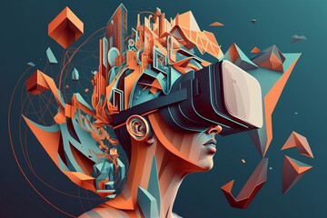 a person in a virtual reality helmet on a fantastic abstract background. The concept of an exciting virtual world