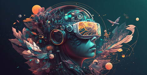 a person in a virtual reality helmet on a fantastic abstract background. the concept of an exciting 