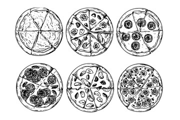 Set of italian pizza sketch hand drawn engraving style Vector illustration pack