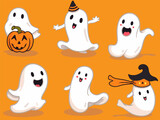 Fototapeta Pokój dzieciecy - Funny Cute Halloween Ghost Hollow with Pumpkin in Flowing Forms Collection Set of Vector