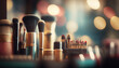 © vlntn - Abstract banner with make-up brushes and decorative cosmetic products on blurred background. Beauty industry advertisement flier template. AI generative image.