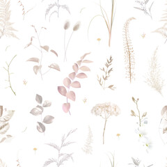 Boho beige and blush trendy vector design seamless print. Pastel pampas grass, ivory hydrangea, creamy orchid