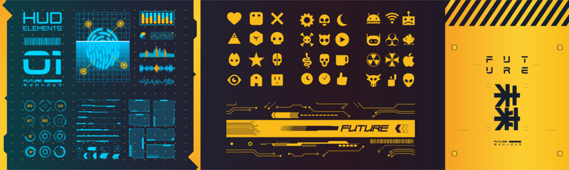 Fototapete - conjunto de elementos de realidad virtual. colección de objetos de interfaz al estilo cyberpunk. dis