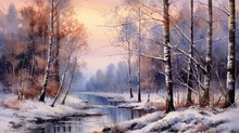 Watercolour Painting Of A Forest Landscape In The Winter