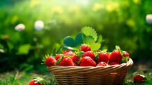 Basket With Organic Strawberries In The Field, Generative Ai