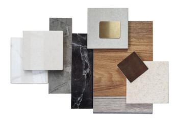 top view of interior luxury sample materials including black and gery marble stones, wooden vinyl flooring tiles, grainy quartz, ceramic tiles isolated on background with clipping path.