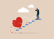 Broken heart. Depressed human near crushed heart. After love failure, burnout or no inspiration.  Flat vector illustration