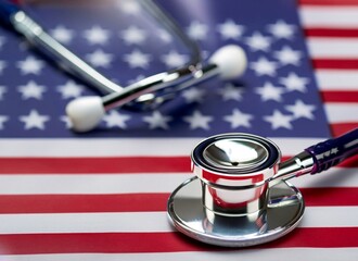 U.S. health care. Medical stethoscope on a U.S. flag. US health insurance concept